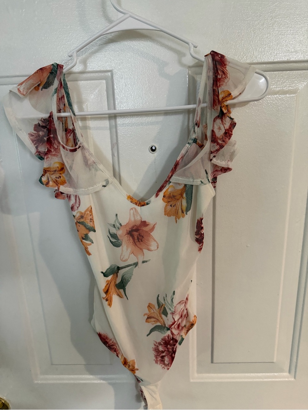 Charlotte Russe Cream Floral Mesh Top with Pink & Mustard Blooms